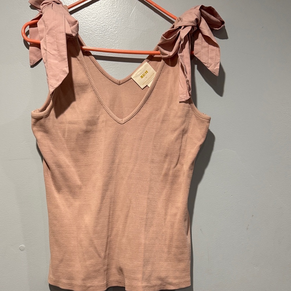 Anthropologie Dusty Rose Tie-Shoulder Ribbed V-Neck Tank